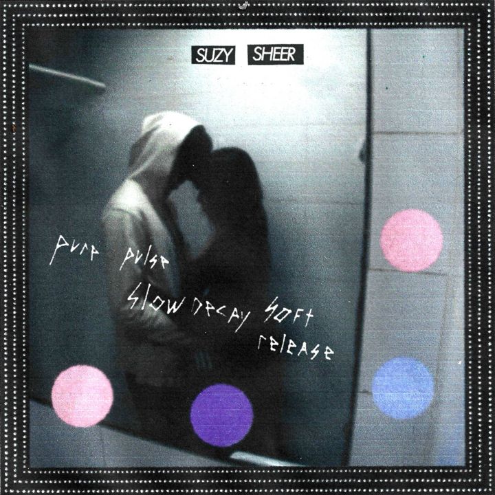 Pure Pulse, Slow Decay, Soft Release cover: a hooded figure and a long-haired figure lean together in a grey stairwell, with pink, violet and periwinkle dots, framed by a dotted film-strip border