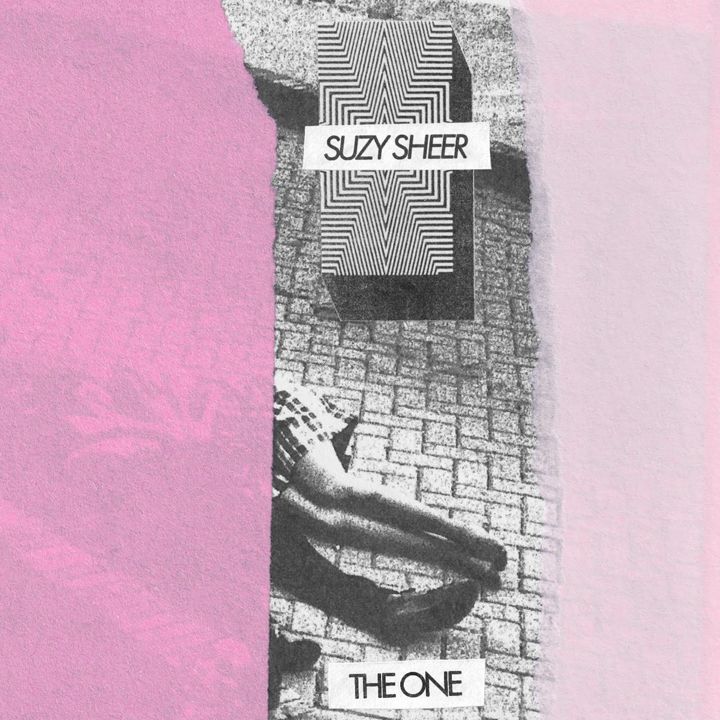 The One cover: torn pink paper beside a black-and-white photocopy of a figure lying on brick, with Suzy Sheer and The One labels
